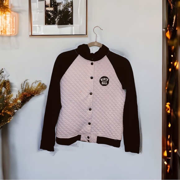 Zumiez Ninth Hall Black and White Bomber Jacket with Hood and Snap Buttons - Picture 1 of 11